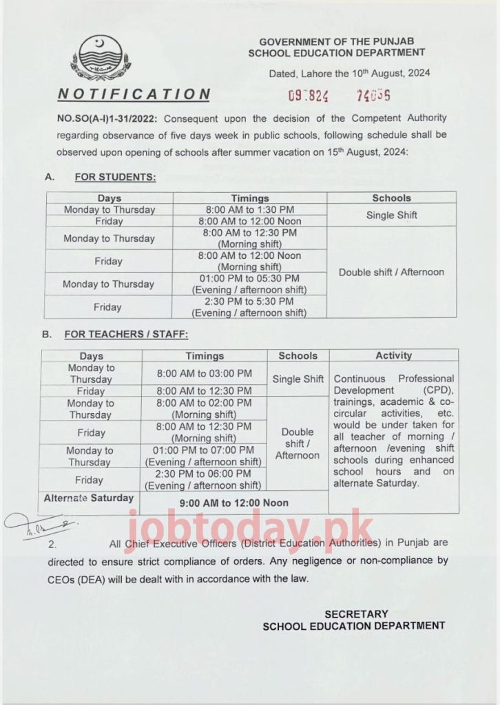 New School Timings Notification in Punjab Schools from 15 August 2024