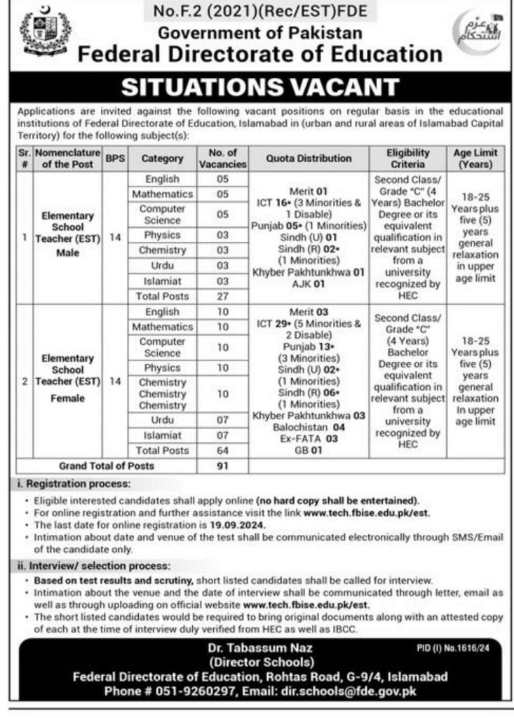 Federal Directorate of Education FDE Jobs Advertisement 2024 for EST Teachers