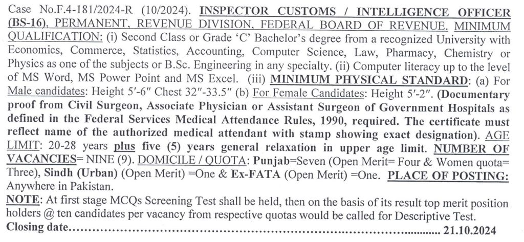 FBR Inspector Customs Jobs 2024 by FPSC Advertisement 102024