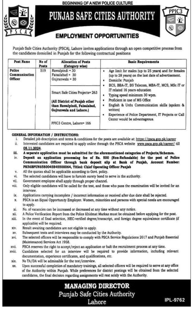 Punjab Safe City Authority Jobs Advertisement 2024 for Communication Officer